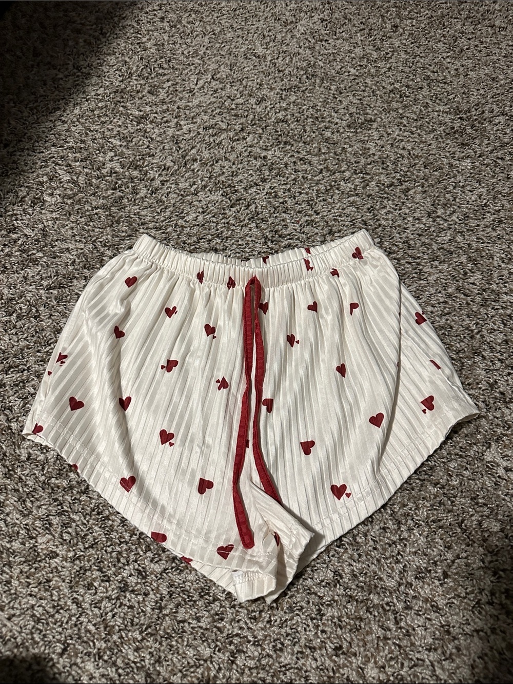 SHEIN White Lounge Shorts with Red Heart Print and Red Drawstring